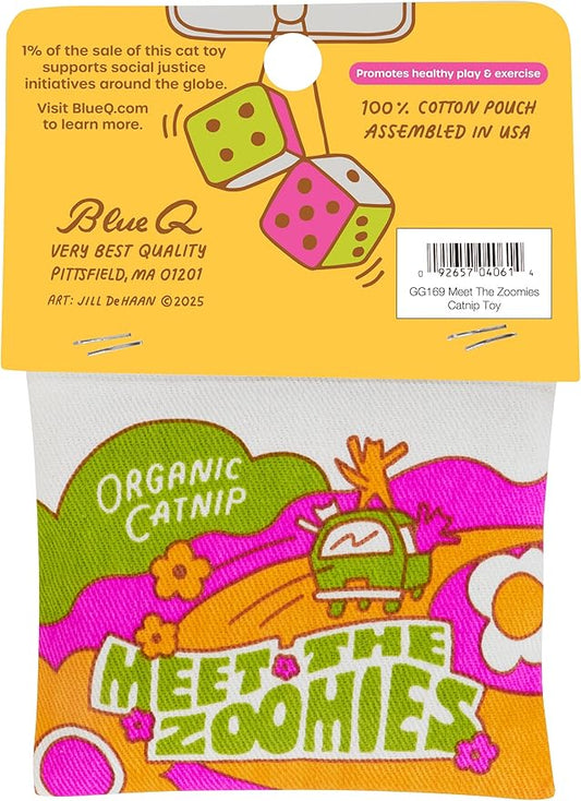 Blue Q Meet The Zoomies Catnip Toys - Durable Cat Toys for Biting, Premium USA-Grown Organic Catnip, Pet Supplies, 100% Silk-Screened Cotton Pouch w/Funny Kitty Graphics, Cat Birthday Gift