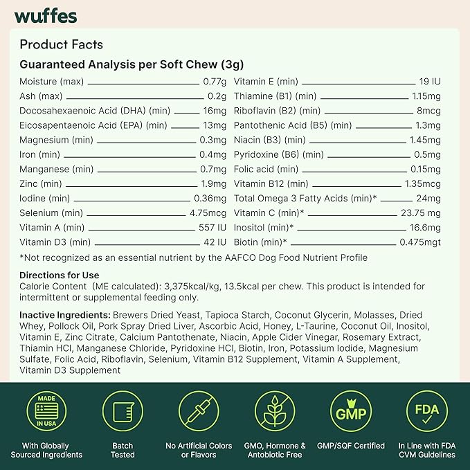 Wuffes 23-in-1 Dog Multivitamin Soft Chews Skin & Coat, Immune + Gut Health Support - Vitamins & Minerals with Omega-3, Iron & Zinc for Puppies & Senior Dogs, 30 Ct