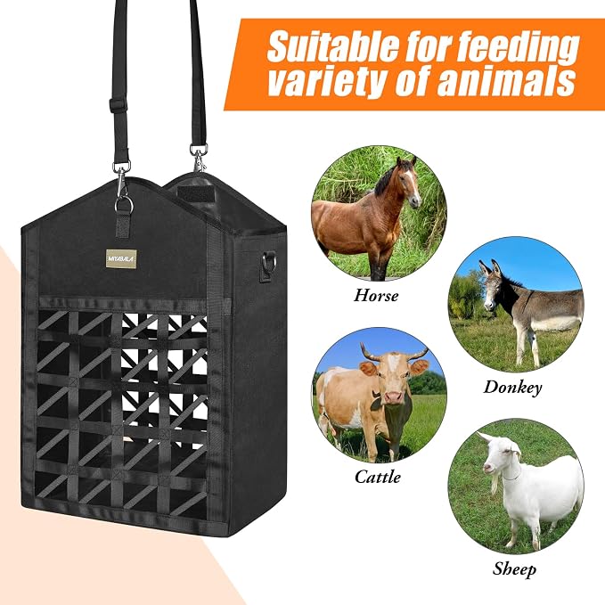 Ultra-Slow Feed Hay Bags for Horses,Two-Sided Premium Oxford Hay Bags with Large Opening,Top with Hook-and-Loop Closure,Adjustable Dual-Purpose Strap for Easy Hanging (Black, Large 1 Pack)