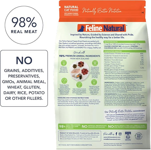 Feline Natural High Protein Dry Cat Food, Freeze-Dried Diet with 98% Meat, Organs & Seafood, No Peas, Grains, or Artificial Additives, Made in New Zealand, Chicken & Lamb, 3.5oz