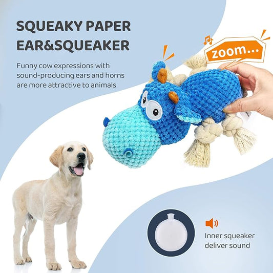 IOKHEIRA Dog Plush Toy for Large Aggressive Chewers,Indestructible Dog Squeaky Toys,Stuffed Animals Toys with Cotton Material and Crinkle Paper,Durable Chewing Toys (Royal Blue, Cattle)