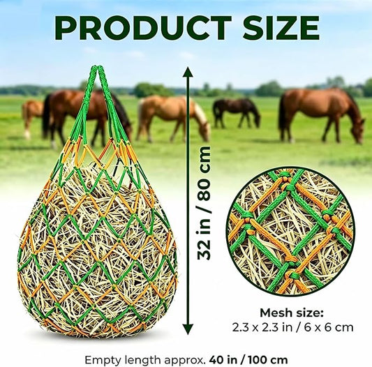 3 PCS Hay Bags for Horses with Carabiners - Heavy Duty Slow Feeder Hay Nets, 2.3-Inch Hole for Horses & Goats, Reduces Waste, Stall Trailer Pasture