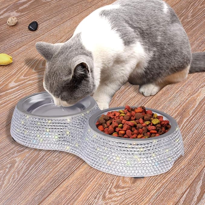 SAVORI Small Dog Bowls, Handmade Bling Rhinestones Stainless Steel Pet Bowls Double Food Water Feeder for Puppy Cats Dogs Cats (Silver-320ml)