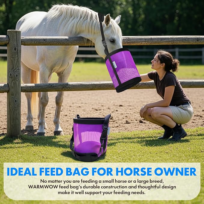 Horse Feed Bag Pack of 2 (Reinforced Bottom Edging), Feed Bags for Horses with Ventilation Mesh, Comfort Nose Pad Neck Pad, Adjustable Strap, Spill Proof Design for Feeding Grain, Supplements