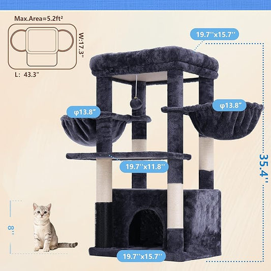 Hey-brother Cat Tree Tower with Extra Large Platform, Spacious Condo, 2 Cozy Hammocks, Self-Grooming Brush, Sisal Scratching Posts for Big Indoor Adult, Maine Coon, 35.4 Inches, Smoky Gray MPJ060G