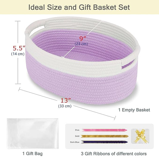 Small Woven Basket with Gift Bags and Ribbons, Empty Baby Gift Baskets for Kids Women Men, Shelf Storage, Small Cat Dog Pet Toy Boxes, 13”x 9”x 5.5”, Purple