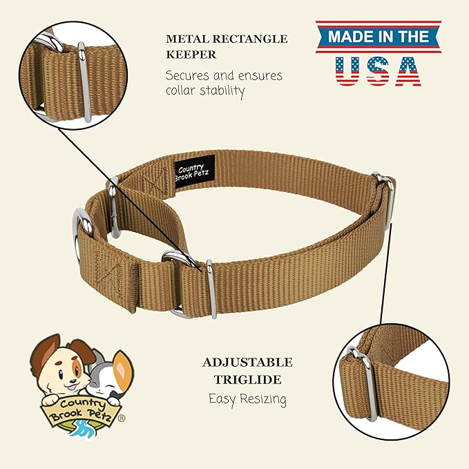 Country Brook Petz - Martingale Dog Collar - Heavy-Duty Training Collar with No Buckle - Service Dog Collar for All Pups - 20 Vibrant Colors (Coytote Tan, 3/8 Inch, 3XS)