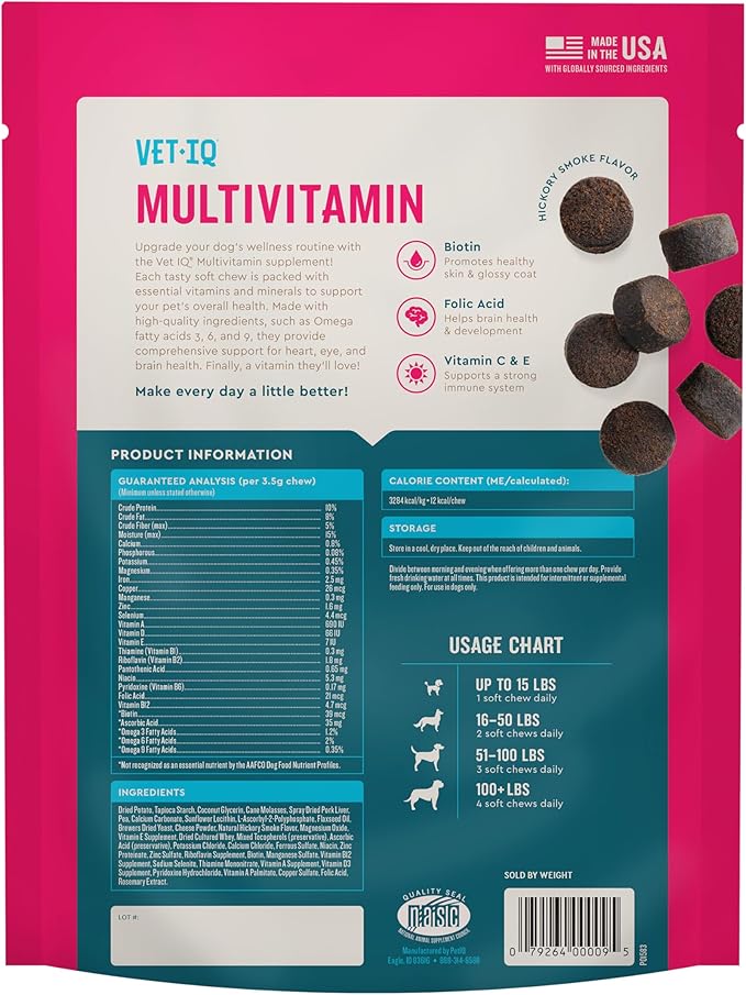 VetIQ Multivitamin Supplement for Dogs, Supports Active Brain Function, Immune System, and Digestive System, Hickory Smoke Flavored Dog Multivitamin, Made in The USA, 90 Count
