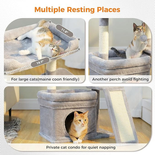 PEQULTI Small Cat Tree Tower for Large Adult Cats with Wide Top Perch, Private Cat Condo and Sisal Scratching Post&Pad for Indoor Cats, Gray