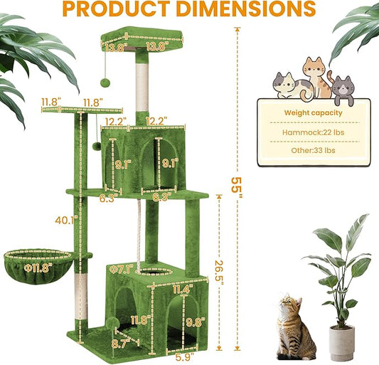 54-Inch Cat Tree Tower with 2 Caves & 2 Pompoms - Multi-Level Tower for Indoor Cats, Soft Plush Condo with Scratching Posts - Sturdy Base for Large Cats(Green)