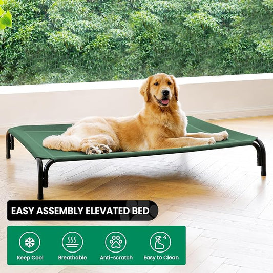 Elevated Dog Bed Raised Outdoor Dog Cot for Extra Large Dogs, Installation Requires No Tools, Frame with Washable Cooling Breathable Mesh Anti-Slip Feet, Indoor Pet Bed, Green, 53.9 Inches