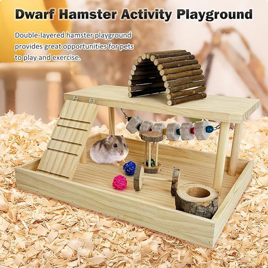 Hamiledyi Dwarf Hamster Activity Playground Mice Living Gym System Set Natural Wood Gerbil Climbing Platform Syrian Exercise Cage Accessories with Lava Stone String Chewing Toy Ladder Bridge Ramp