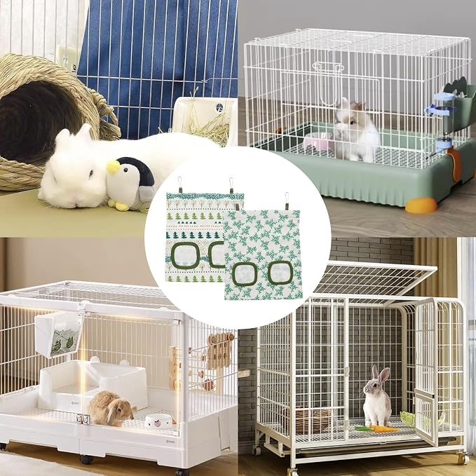2 PCS Rabbit Hay Feeder Bag Hanging Guinea Pig Hay Feeder with 2 Holes Small Animal Feeders Storage Pouch Holder for Rabbits Hamsters Small Pets(Color 1)