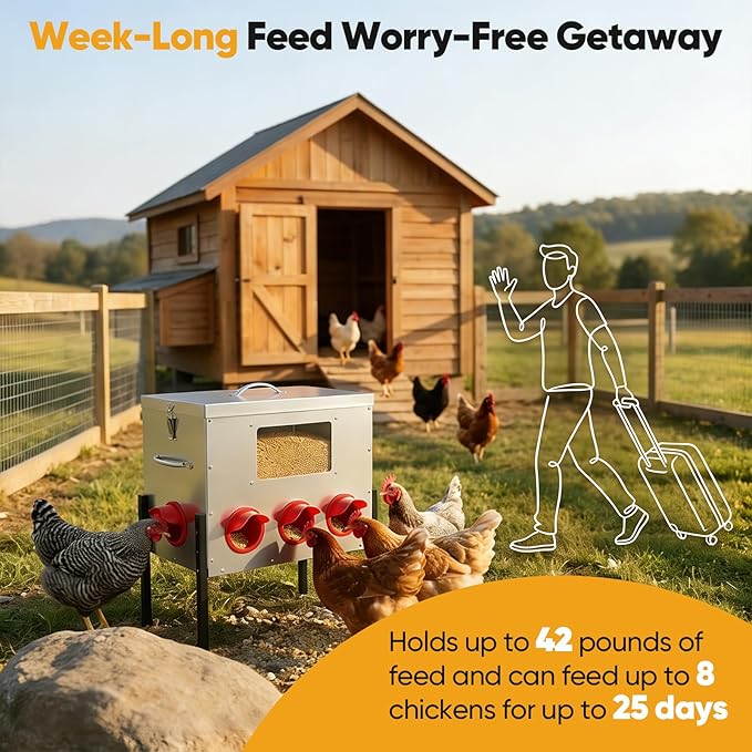 42 lb Large Automatic Chicken Feeder with Window - 8 Port No Waste Design, Rodent Proof Chicken Feeder, Galvanized Heavy-Duty Outdoor Metal Feeder, Weatherproof Silo for Hens, Ducks, Geese, Poultry