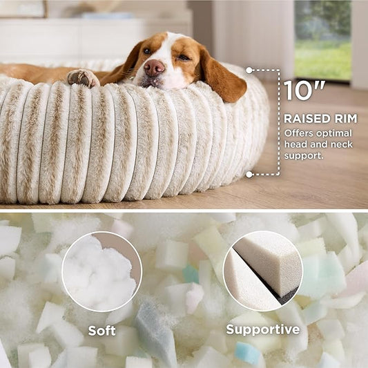 Bedsure ComfyFleece™ Donut Large Dog Bed - Washable Faux Fur with Corduroy Fleece & Anti Slip Bottom, Round Pet Bed with Removable Cover, Amphora, 36x36x8 inches