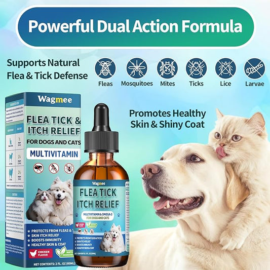 Flea and Tick Prevention for Dog and Cat, Natural Oral Flea & Tick Itch Relief Support Drops with Multivitamin for Pets - Supports Healthy Skin & Coat - Oral Supplement for All Breeds & Ages - Chicken