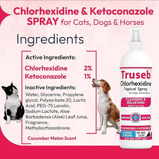 Truseb Advanced Strength Medicated Chlorhexidine for Dogs Cats Horses Skin Spray with Aloe Vera - Medicated Ketoconazole Spray for Skin Irritation, Hot Spots, Redne (Medicated Ketoconazole Spray, 8oz)