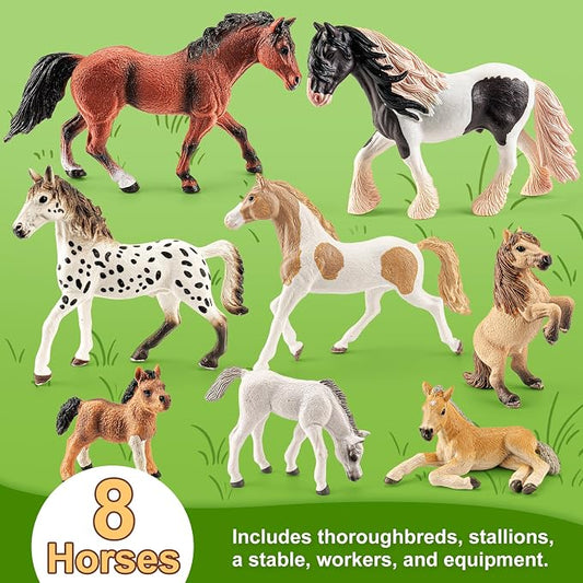 47PCS Horse Toys Stable Playset with Farm Fences for Girls Boys, Solid Plastic Horse Stable with a Handle, Farm Animal Barn Toys Horse Figurines for Kids, Birthday Gift Cake Toppers