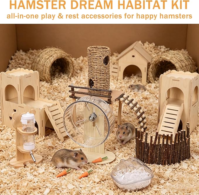Foxtell 11 Pcs Hamster Cage Accessories, Hamster Toys Set, Hamster Hideout, Hamster Wheel for Rat Mice Small Animals Habitat (Fun Interactive Style)