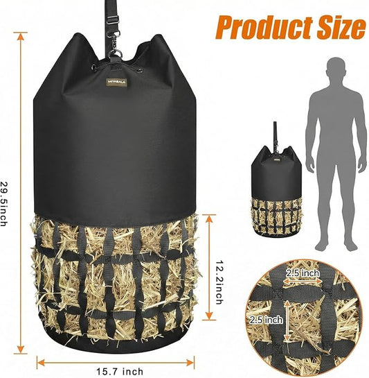 Hay Bags for Horses, Cylindrical Slow Feed Hay Bag with Rounded Diamond Nets Design for Goats,Horse,Donkey,Large Easy-Fill Top with Drawstring and Adjustable Strap