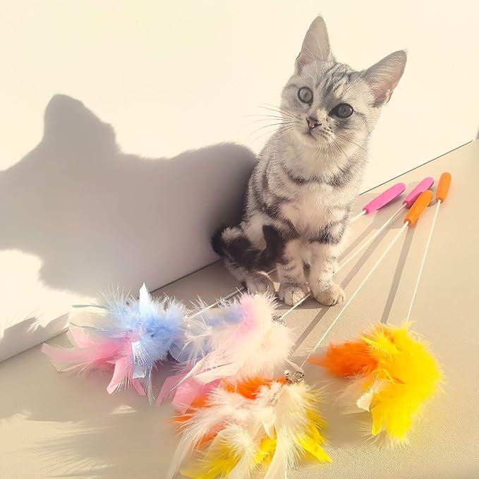 Interactive Cat Teaser Wand with Colorful Feathers & Double Bells, Irresistible Wiggle for Indoor Cats, Chew-Resistant Kitten Toy (Orange)