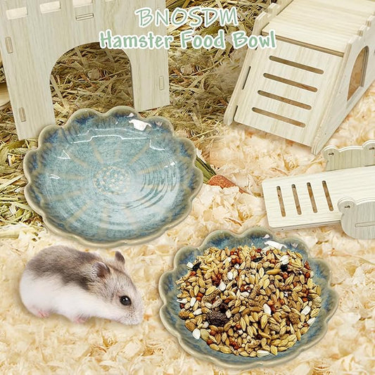BNOSDM Shallow Ceramic Hamster Food Dish 2 Pcs Small Animals Food Bowl Sunflower Feeding Dishes for Gerbils Mice Rats 4.5in (Dark Green)