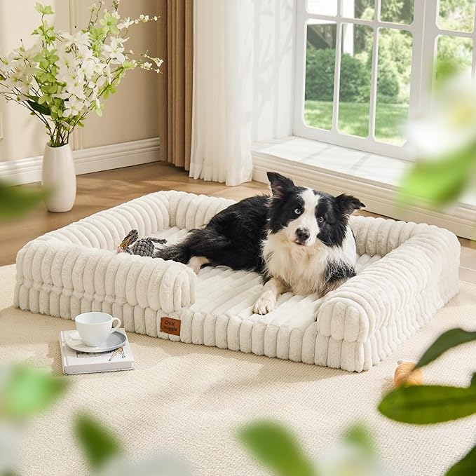 ChiXnuggle Orthopedic Dog Bed with Bolster Sides for Sleeping, Fluffy Plush Rectangular XL Dog Bed, Luxury Striped Faux Fur Waterproof Dog Couch with Removable Washable Cover, Cream