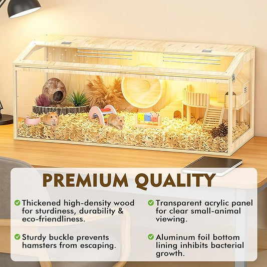 XiaZ Hamster Cage Chewproof,48 Inch Large Hamster Tank with Panoramic View and Ventilated Top,Durable Plywood Solid Wood Frame,Spacious Acrylic Glass Habitat for Syrian Dwarf Hamsters and Degus