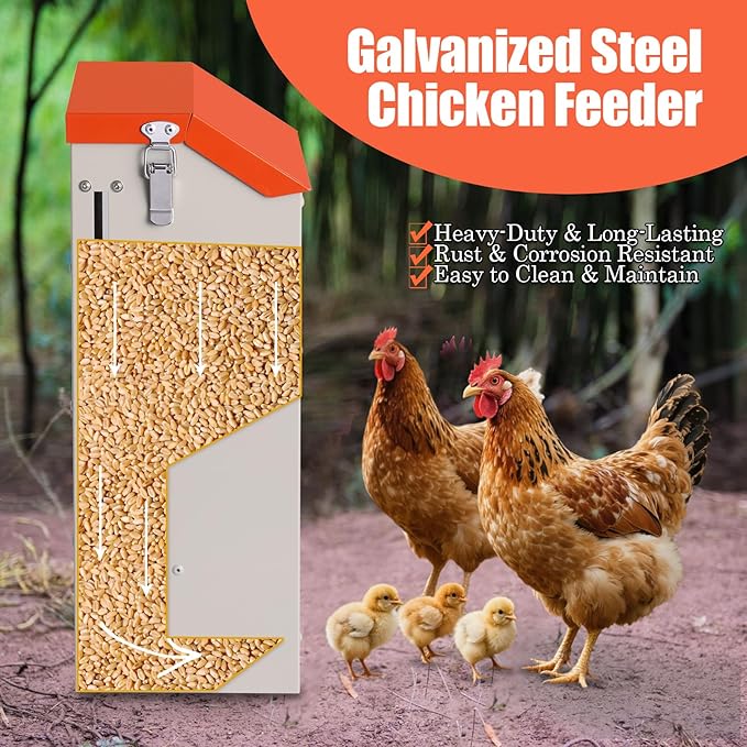 10LB Wall Mount Chicken Feeder, Hanging Poultry Food Dispenser No Waste No Spill for Chickens Ducks Coop Supplies (No Assembly)