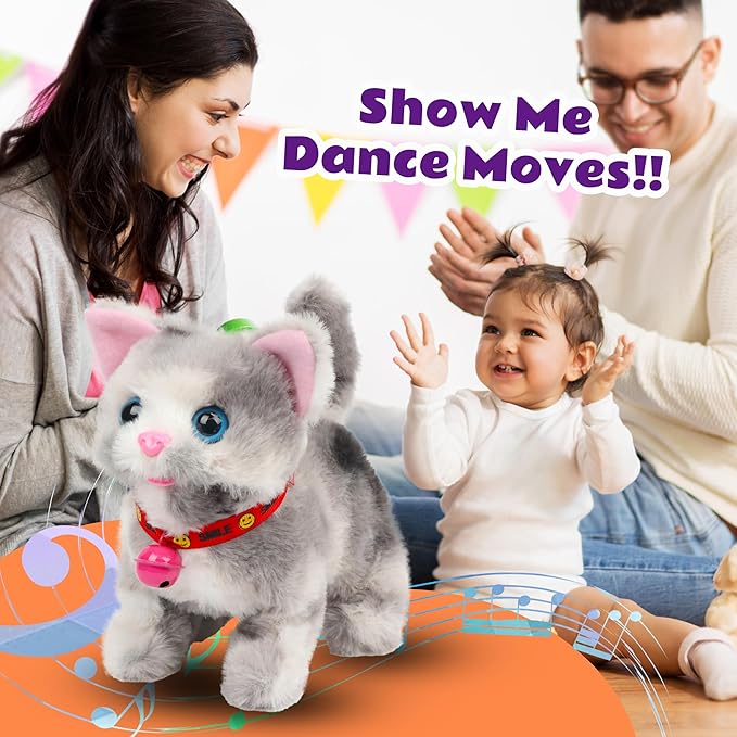 Walking Grey Cat Stuffed Animal Talking Wagging Nodding Educational Plush Kitty Toy Electric Interactive Animated Plushies for Girls Boys Birthday, 7"