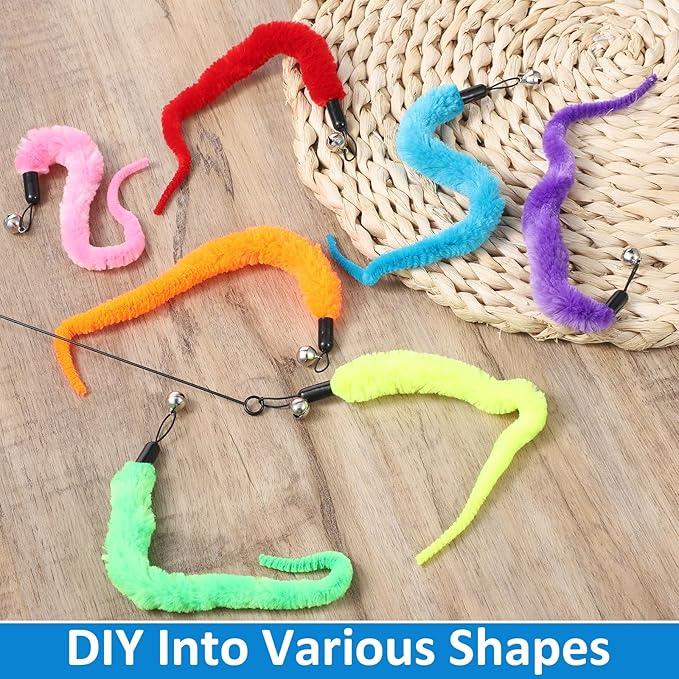 8PCS Fuzzy Cat Worm Toy with Wand Replacement Attachments, Includes 1PCS Black String and 6 Color Options, Suitable for Teaser Play, Chase Exercise, Essential Interactive Cat Toy Accessories