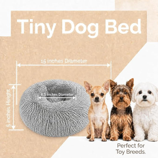 Tiny Dog Bed 15 Inch for Extra Small Dogs,Washable Puppy Bed,Soft Faux Fur Calming Donut Bed for Chihuahua Yorkie Maltese Pomeranian,Grey
