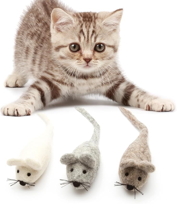 Glaciart One Felt Mouse Cat Toy β 3 Pcs | Soft Fuzzy Enrichment 100% Natural Wool - Interactive Catnip Play Cat Toy Set - Safe for Pets, Non-AZO Colored Dyes