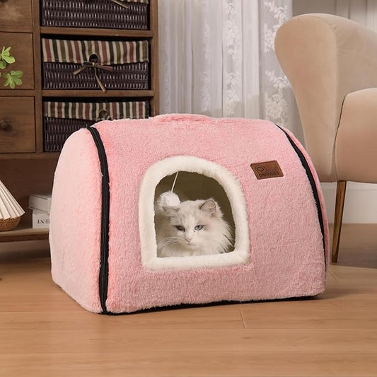 cat Bed cave-cat beds for Indoor Cats,Soft and Comfortable Cute cat Bed,cat House,with Removable Washable Cushioned Pillow,Enclosed pet Bed,Kitty pet hut、Hideaway,Small Large Dog Tent (Pink)