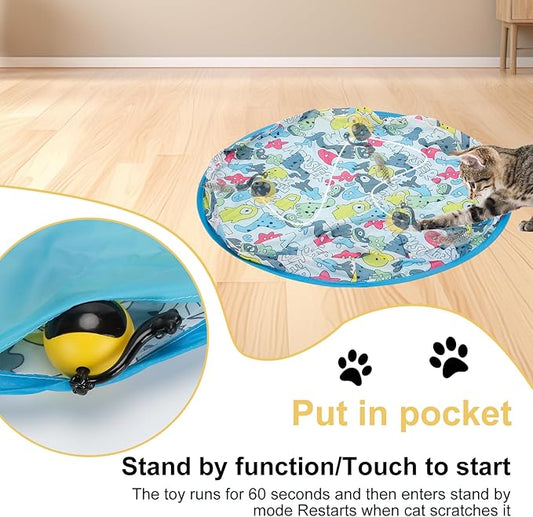 Interactive Remote Control Cat Toy with Sound & Light Locator, Hidden Rolling Ball Under Playmat, Bird Chirp & LED, Touch-Activated, USB Rechargeable Indoor Hunting Toy Blue+Yellow