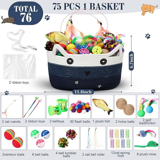 Zopeal 76 Pcs Mother's Day Cat Storage Basket Gift Toys Set Interactive Cat Toys Kitten Wand Colorful Flashing Balls Pet Crinkle Balls Attract Kitten to Swat, Hunt for Pet Indoor(Blue)