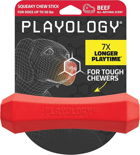 Playology Squeaky Chew Stick Dog Toys, Beef Scented & Peanut Butter Scented for Medium Dogs up to 50 lbs | Engaging All-Natural Scented Dog Chew Toy for Tough Chewers | Easy to Clean & Non-Toxic Mater