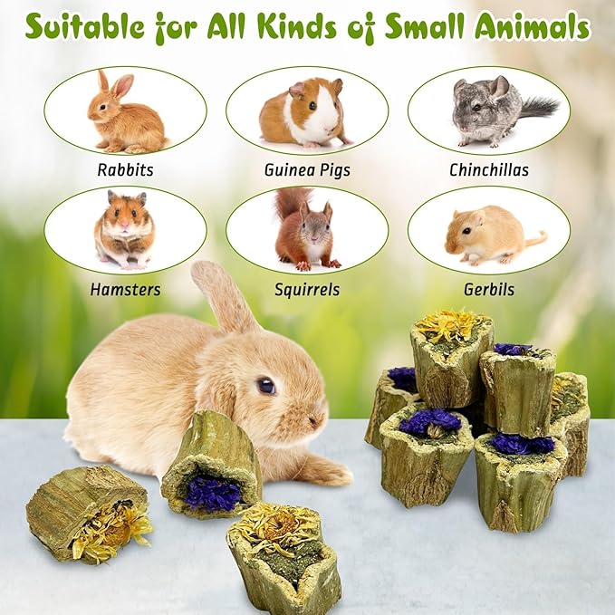 PINVNBY Rabbit Chew Toys for Bunny Natural Papaya Wood Bunny Treats with Alfalfa Hay and Dried Flower Guniea Pig Molar Snacks for Hamster Chinchilla Gerbil Small Animals Teeth Grinding (3.52 oz/100 g)