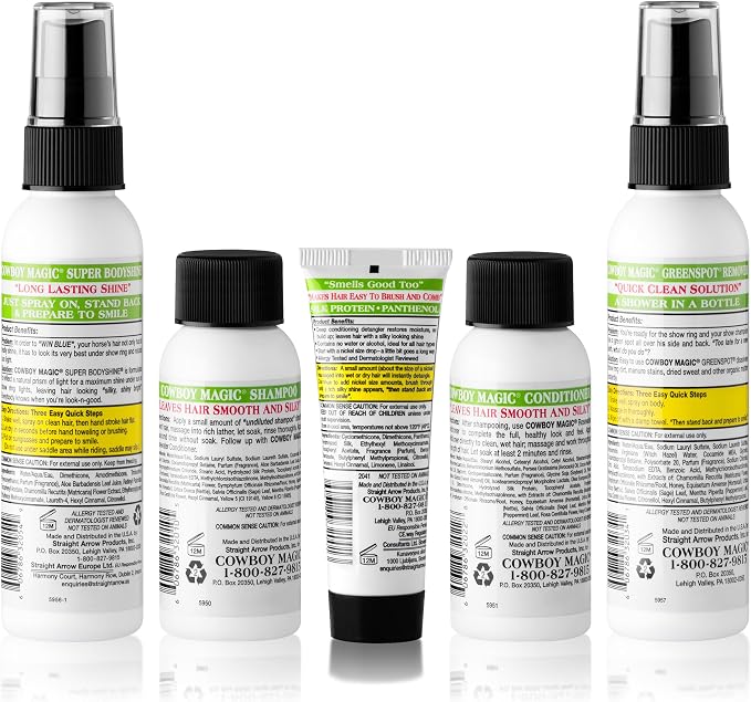 Cowboy Magic Sample Kit – Includes Rosewater Shampoo (2 oz), Rosewater Conditioner (2 oz), Super Bodyshine (3.4 oz), Greenspot Remover (3.4 oz), & Detangler & Shine (1 oz) – Perfect for Travel & Tack