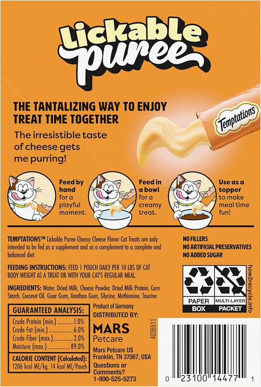 Temptations Creamy Puree Squeezable Lickable Cat Treats, Wet Cat Treats with Cheese, 0.42 oz. Tubes, 4 Count, Pack of 11 (44 Total)