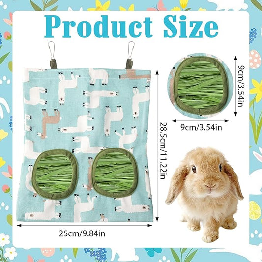 2 Packs Rabbit Hay Feeder Bag, Hanging Hay Feeders Washable 2 Hole Guinea Pig Hay Feeder Bag for Bunny Rabbits Chinchillas Hamsters Small Pets Animals