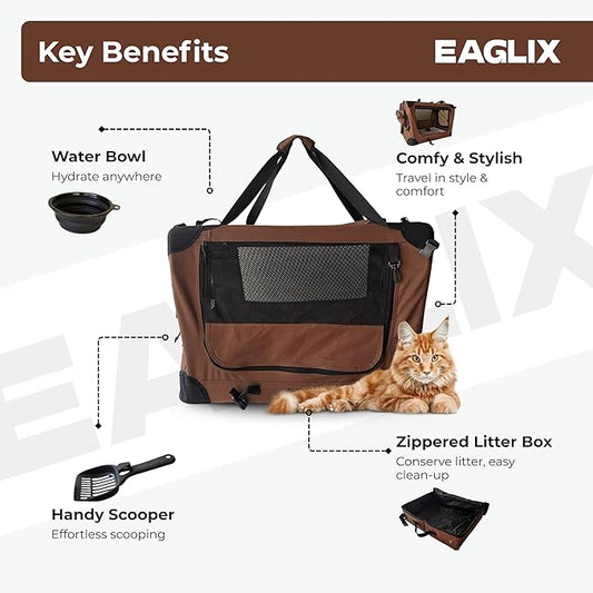 Large Cat Travel Carrier – Soft Sided Spacious Pet Carrier for Medium to Large Cats (Up to 25 lbs), Built-in Litter Box & Water Bottle, Car & Vet Travel, Foldable & Breathable – Brown