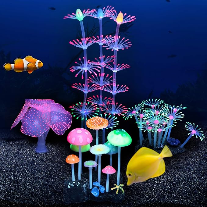 4 Pack Aquarium Fish Tank Decorations: Coral, Mushroom, Anemone, Plants Kit - Glowing Fish Tank Decorations for Small and Large Aquarium Decor Accessories