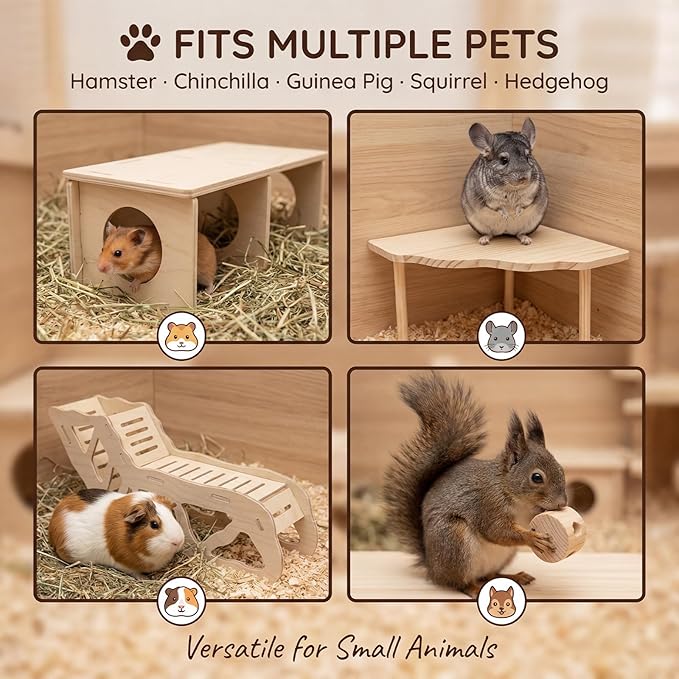 4 PCS Natural Wood Hamster Cage Accessories Set, Multi-Level Habitat Decor with Cloud Hideout, Climbing Ladder & Standing Platforms, Exercise Playground for Syrian Hamsters, Gerbils, Mice (B)