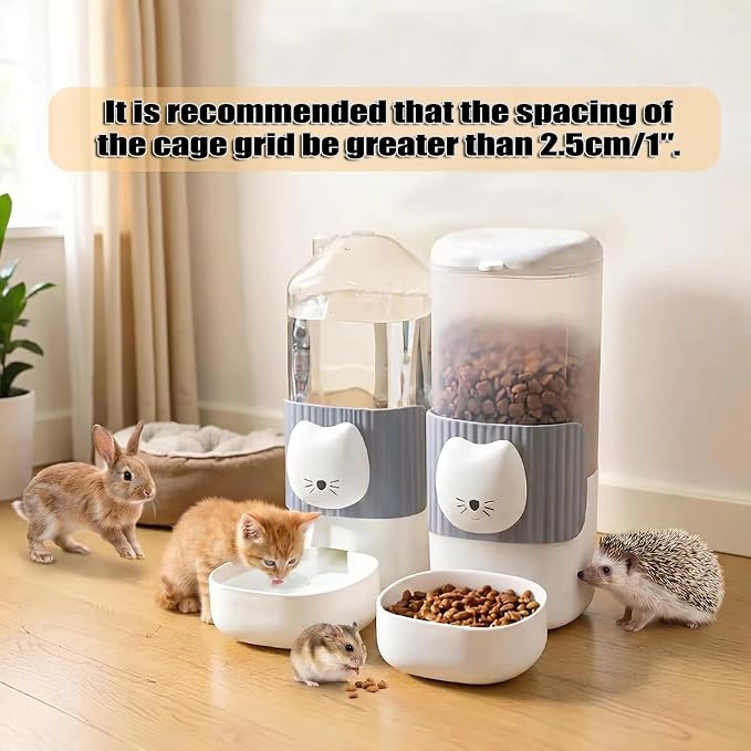 Automatic Rabbit Feeder and Water Dispenser Set,54oz Gravity Food Feeder&17oz Leak-Proof Water Bottle for Guinea Pigs,Small Animals,Chinchillas,Ferrets,Cage Mount Feeding Station(Cat Head)
