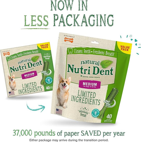 Nylabone Nutri Dent Dog Dental Treats - Natural Dog Teeth Cleaning & Breath Freshener - Dental Treats for Dogs - Fresh Breath Flavor, Medium (40 Count)