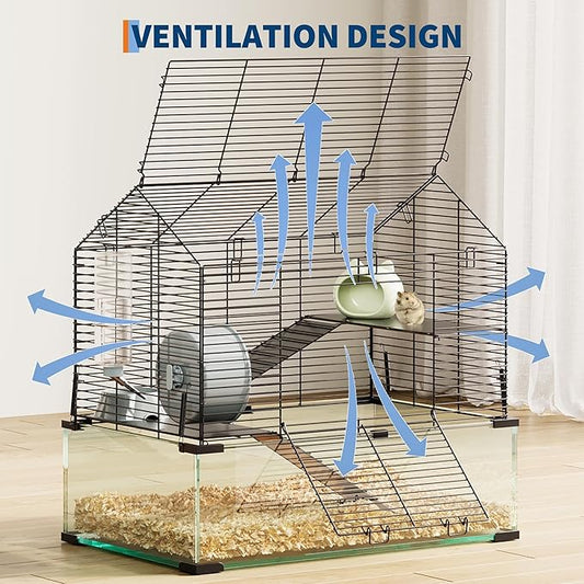 Hamster Cage Starter Kits, Guinea Pig Cage with 3-Layer Platform,Wheel,Water Bottle, Hideout,Bowl Accessories, Pet Rat Cage for Chinchillas, Hedgehog, Syrian, Gerbil-Chew Proof Metal