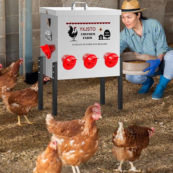 50LB Automatic Chicken Feeder with 8 Ports, Heavy Duty Metal No-Waste Poultry Feeder, Rustproof & Weatherproof Design with Adjustable Legs & Locking Lid