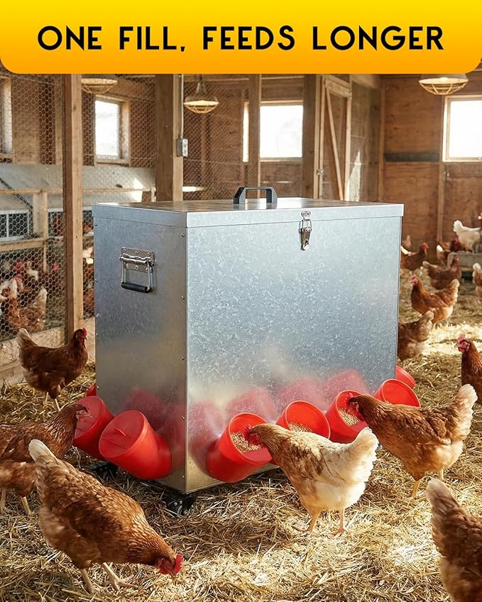 Magicfly 85 lbs Chicken Feeder No Waste, Large Metal Automatic Chicken Feeder Box, 12 Bell-Mouth Feeding Port, with Handle, Grit & Oyster Shell Trough, Chick Feeder on Wheels for Chickens, Ducks