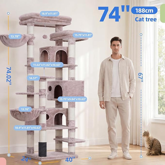 Hey-brother Cat Tree, 74 inches Multi-Level XL Large Cat Tower for Indoor Cats with Three Cat Condos, Two Large Top Decks and Cat Hairbrushfor Kittens, Cats and Pets,Muchroom MPJ035-MMU